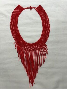 Vibrant Red Beaded Fringe Necklace - Statement Collar
